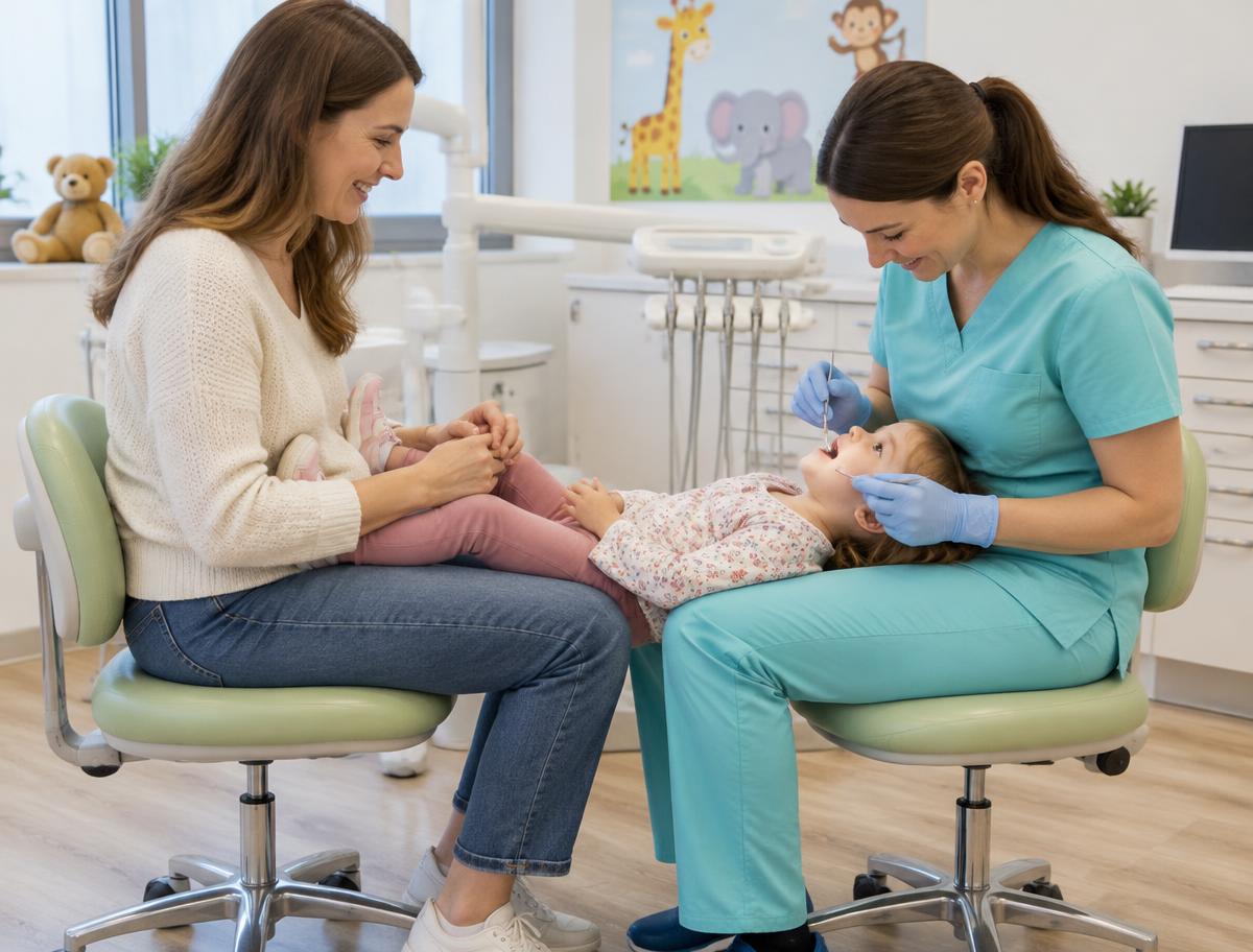 A toddler lies across a parent’s and dentist’s laps for an exam.