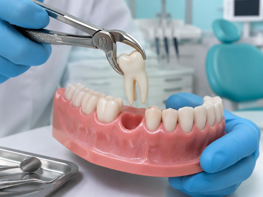 A dentist shows permanent tooth removal on a dental model with long roots.