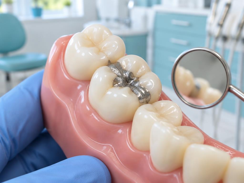 A silver-colored filling repairs the chewing surface of a tooth.