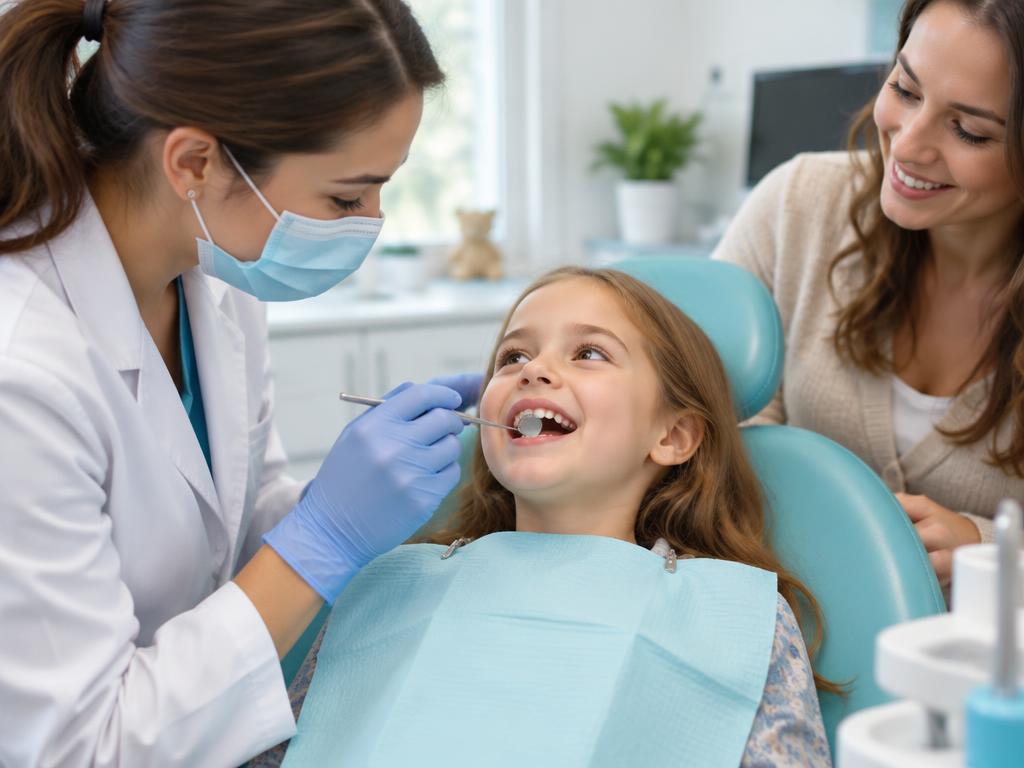 A small dental mirror checks the chewing surface of a tooth.