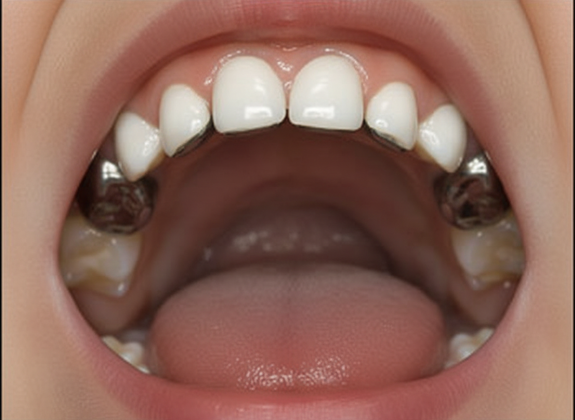 A silver crown has a white cover on its front side.