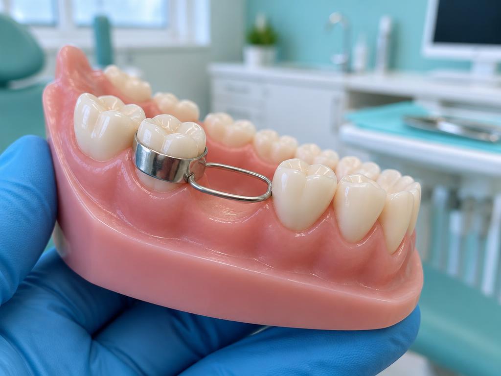 A band on one tooth holds a wire loop across the space left by a missing baby tooth.