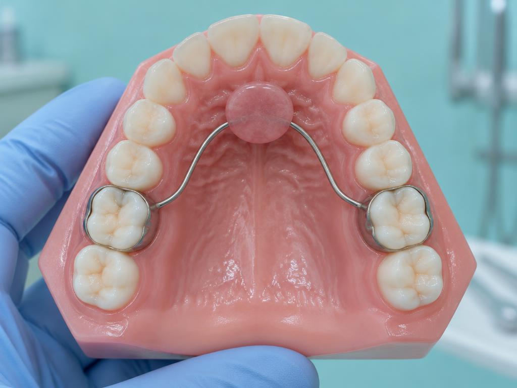 An upper wire joins two molar bands with a small pad resting on the roof of the mouth.