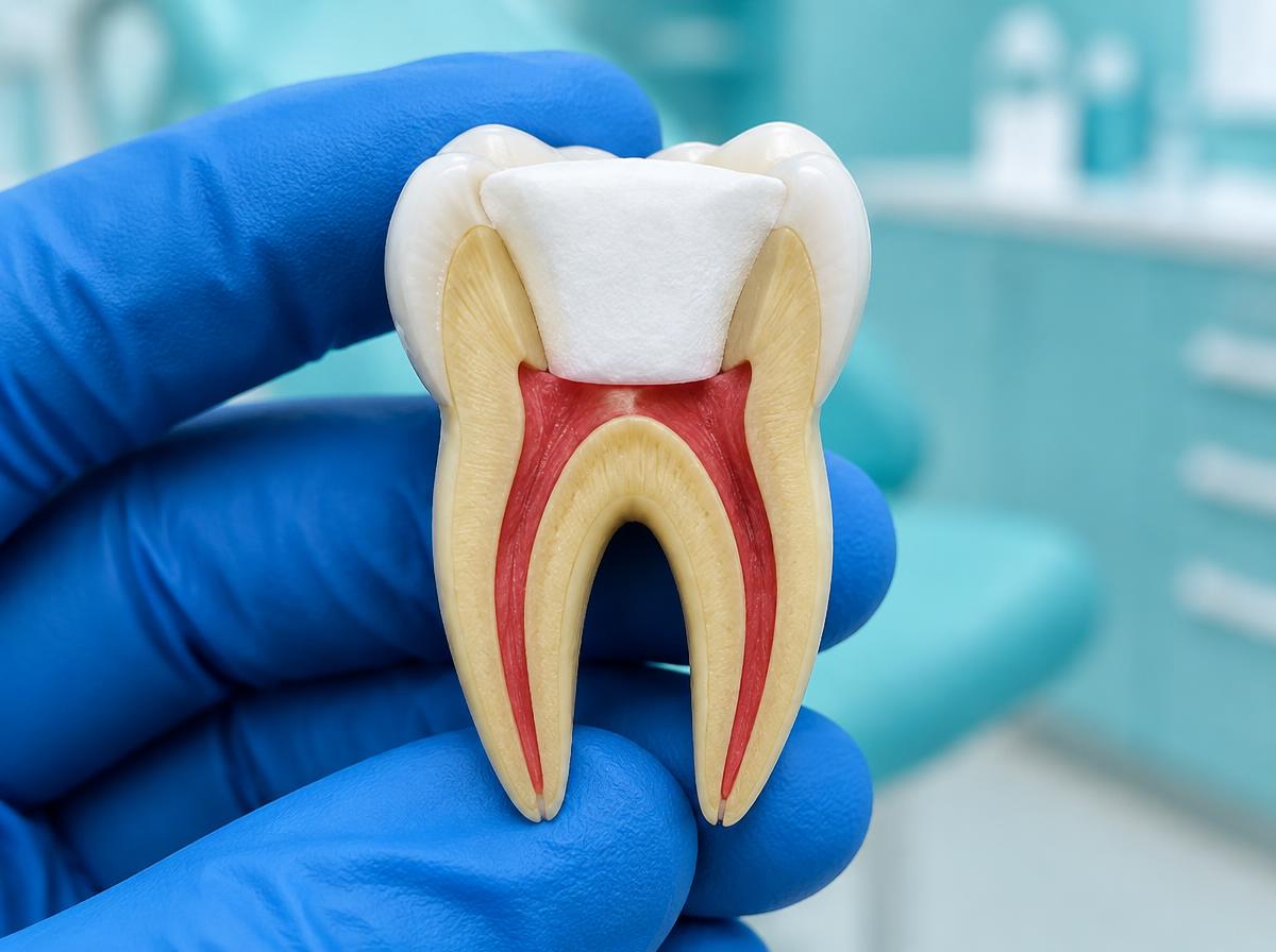 A cutaway tooth model shows a treated top chamber and pulp left in the roots.