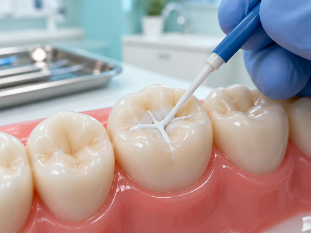 A thin protective coat fills the grooves on a back tooth.