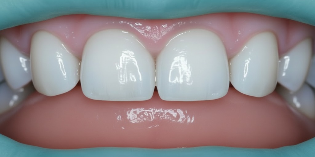A close-up of a child’s front teeth restored with smooth, all-white zirconia crowns.